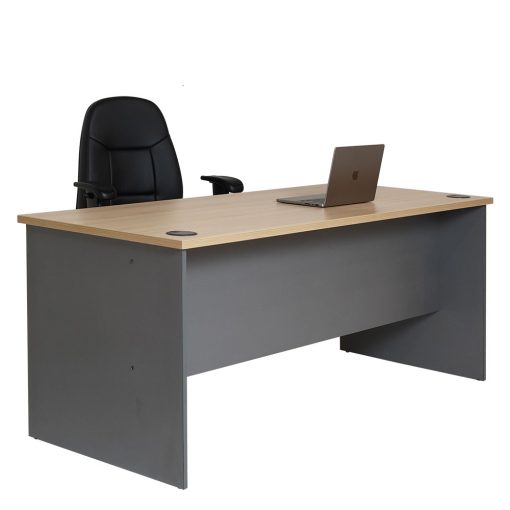 Straight Office Desk Oak with chair and laptop