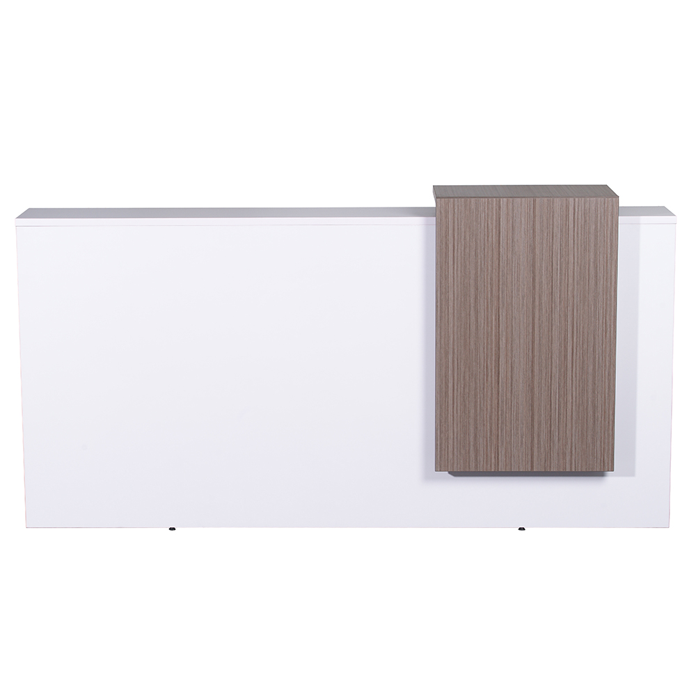 White reception desk with wood feature