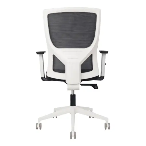 Astro mesh office chair with white frame and black seat, rear view