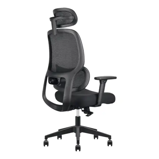 Romeo black mesh office chair with headrest, rear angle