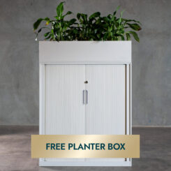 White signature tambour cupboard with free planter