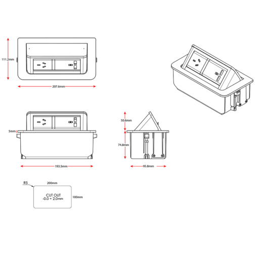 Pop Up Charging Module Line Drawing with dimensions
