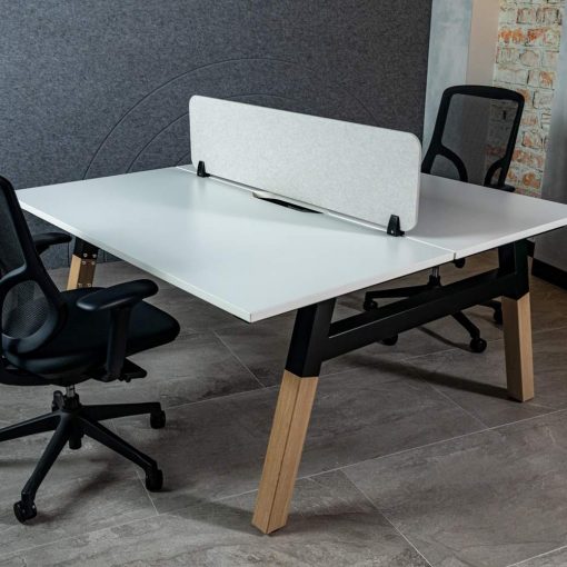 Trestle 2 person back to back workstation white top timber legs with screen and two office chairs