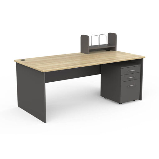 Ekosystem Straight Desk with accessories in oak and charcoal