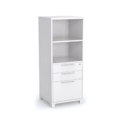 Tower bookcase with shelves and drawers in white