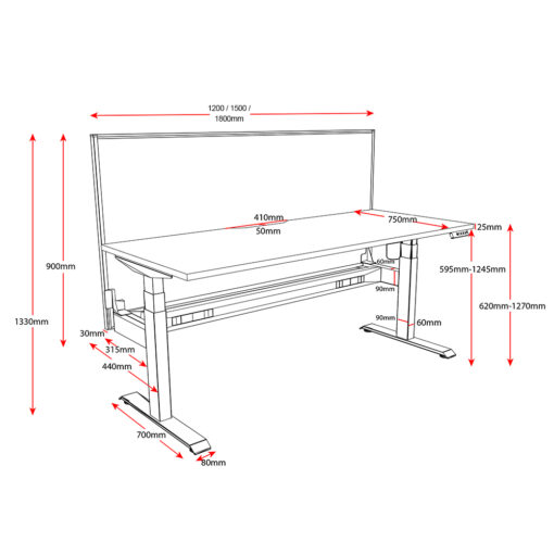 Boost Light Electric standing desk Line Drawing with dimensions