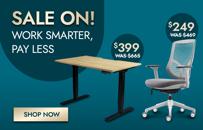 Sale Banner with Black Framed Electric Standing desk and white and grey office chair