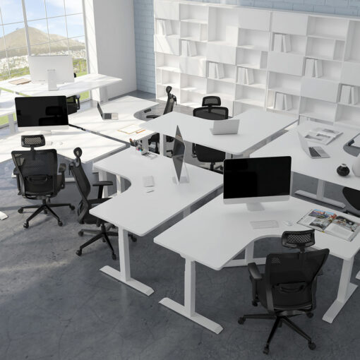 Apollo Corner Standing Workstation white top white frame in situ in office space