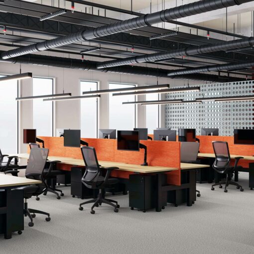 Engage office chairs in black in commercial office space with orange acoustic screens