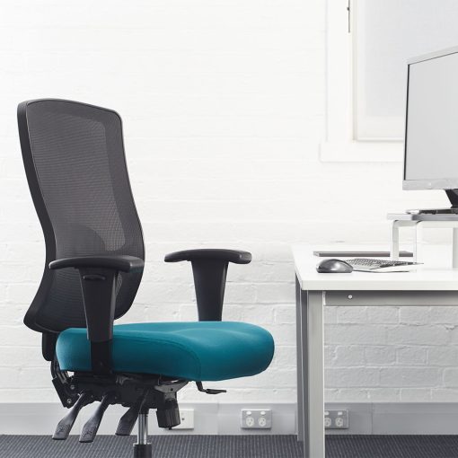 Buro Tidal Mesh Chair - Teal Seat With Arms Angled To Side From Front In-Situ