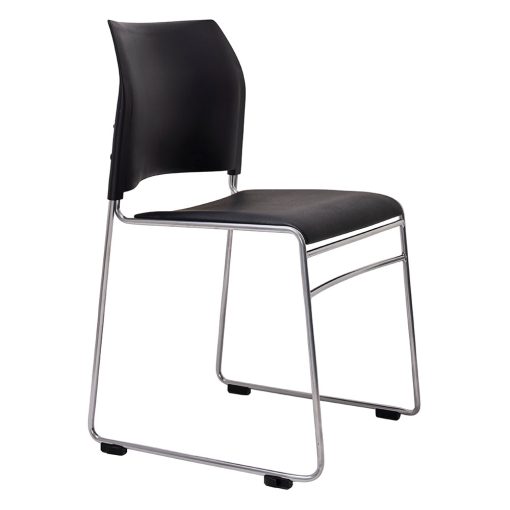 Buro Maxim Sled Chair | Reflective Silver Frame, Black Seat Angled To Side From Front