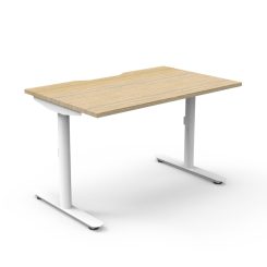 Halo Static Single Sided Desk Range Oak Top, White Base Without Cable Tray Angled To Side