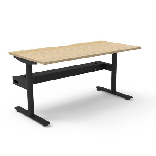 Halo Static Single Sided Desk Range Oak Top, Black Base With Cable Tray Angled To Side