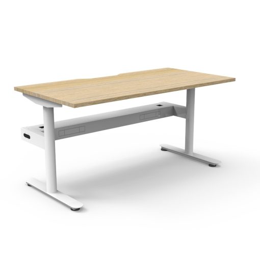 Halo Static Single Sided Desk Range Oak Top, White Base With Cable Tray Angled To Side