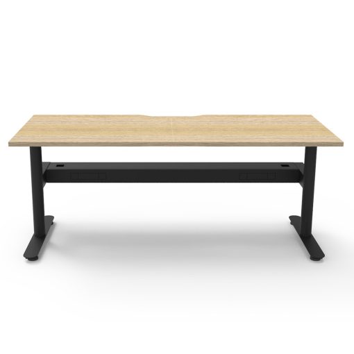 Halo Static Single Sided Desk Range Oak Top, Black Base With Cable Tray Angled To Front