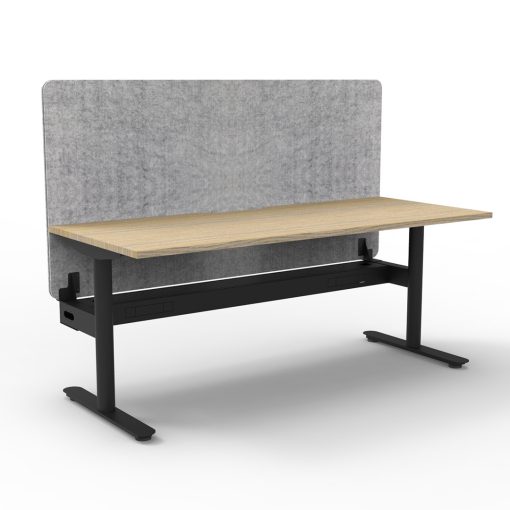 Halo Static Single Sided Workstation With Grey Eco Privacy Screen, Oak Top & Black Base With Cable Tray Angled To Side