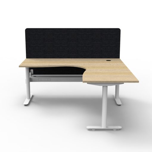 Halo Static Corner Workstation Oak Top And White Base With Black Screen And Cable Tray