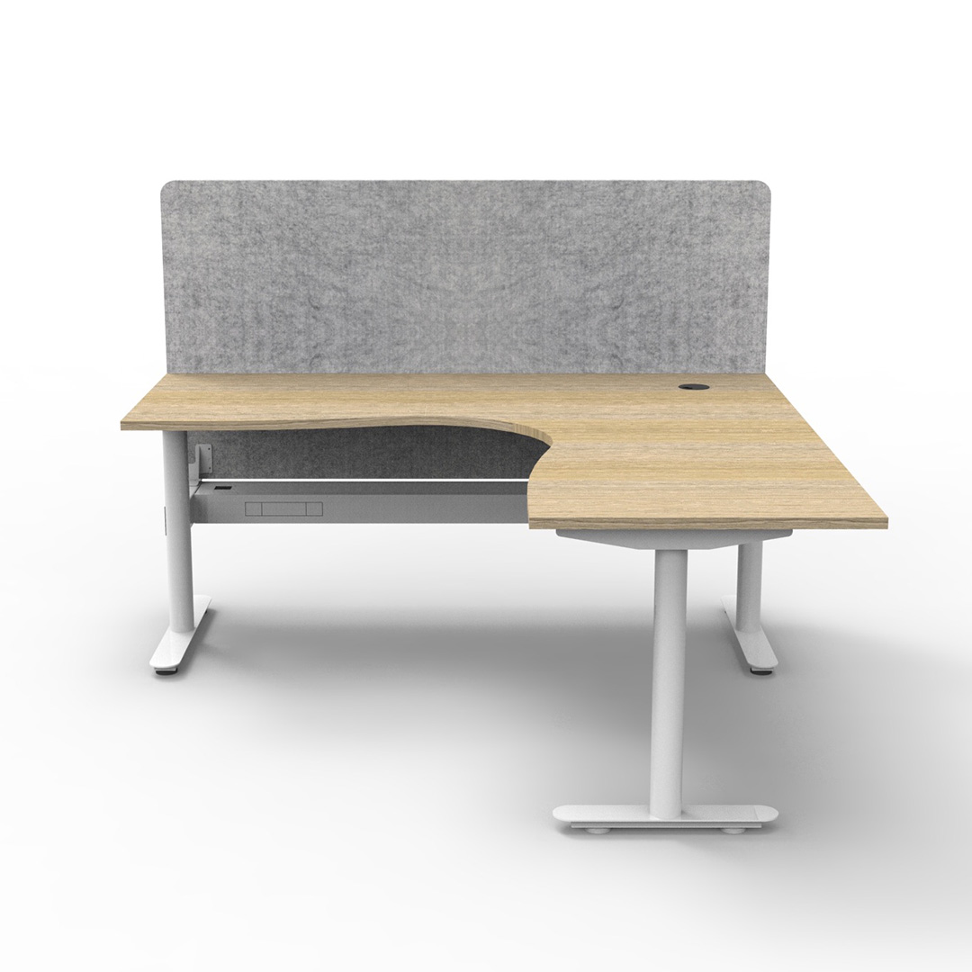 Halo Static Corner Workstation Oak Top And White Base With Grey Screen And Cable Tray