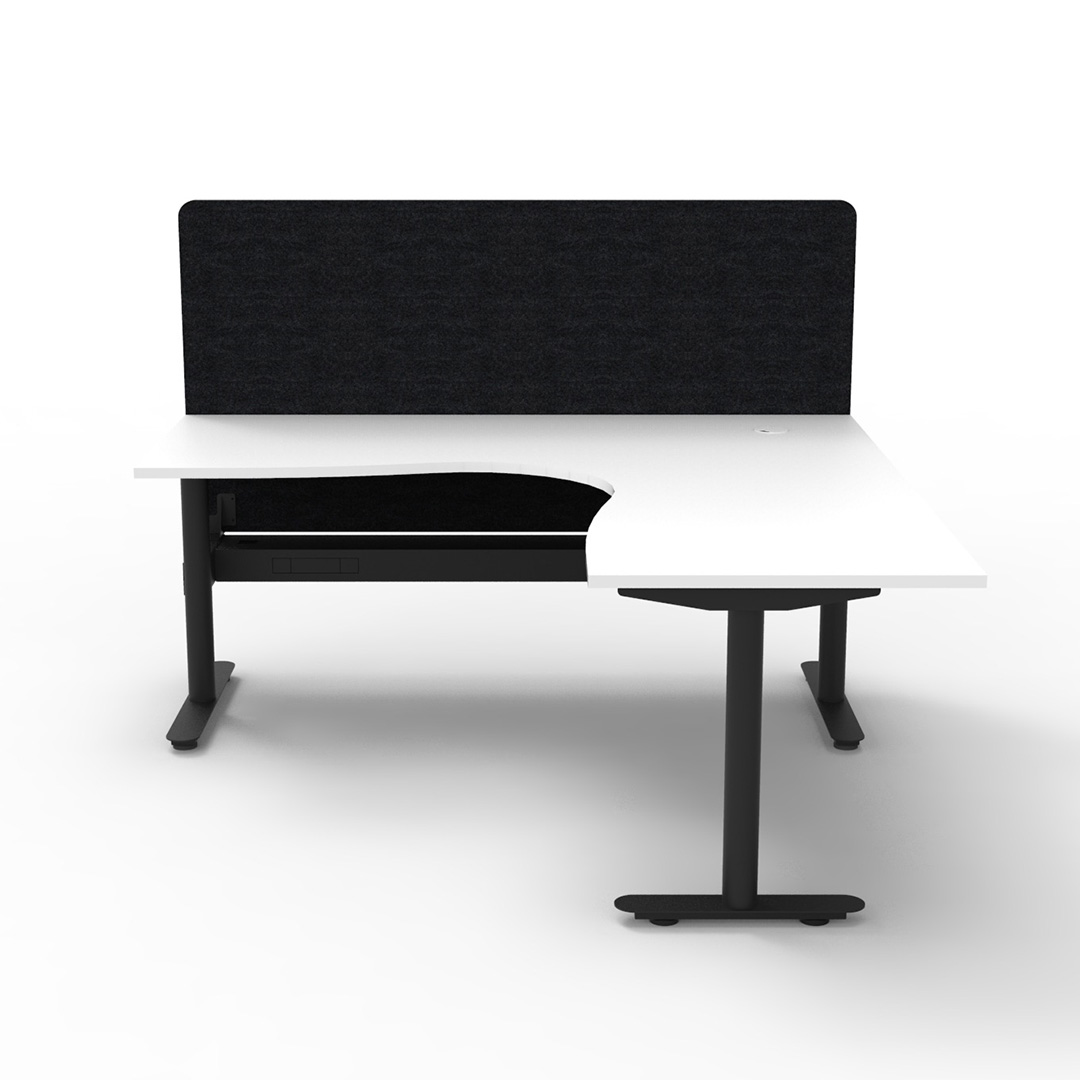 Halo Static Corner Workstation White Top And Black Base With Black Screen And Cable Tray