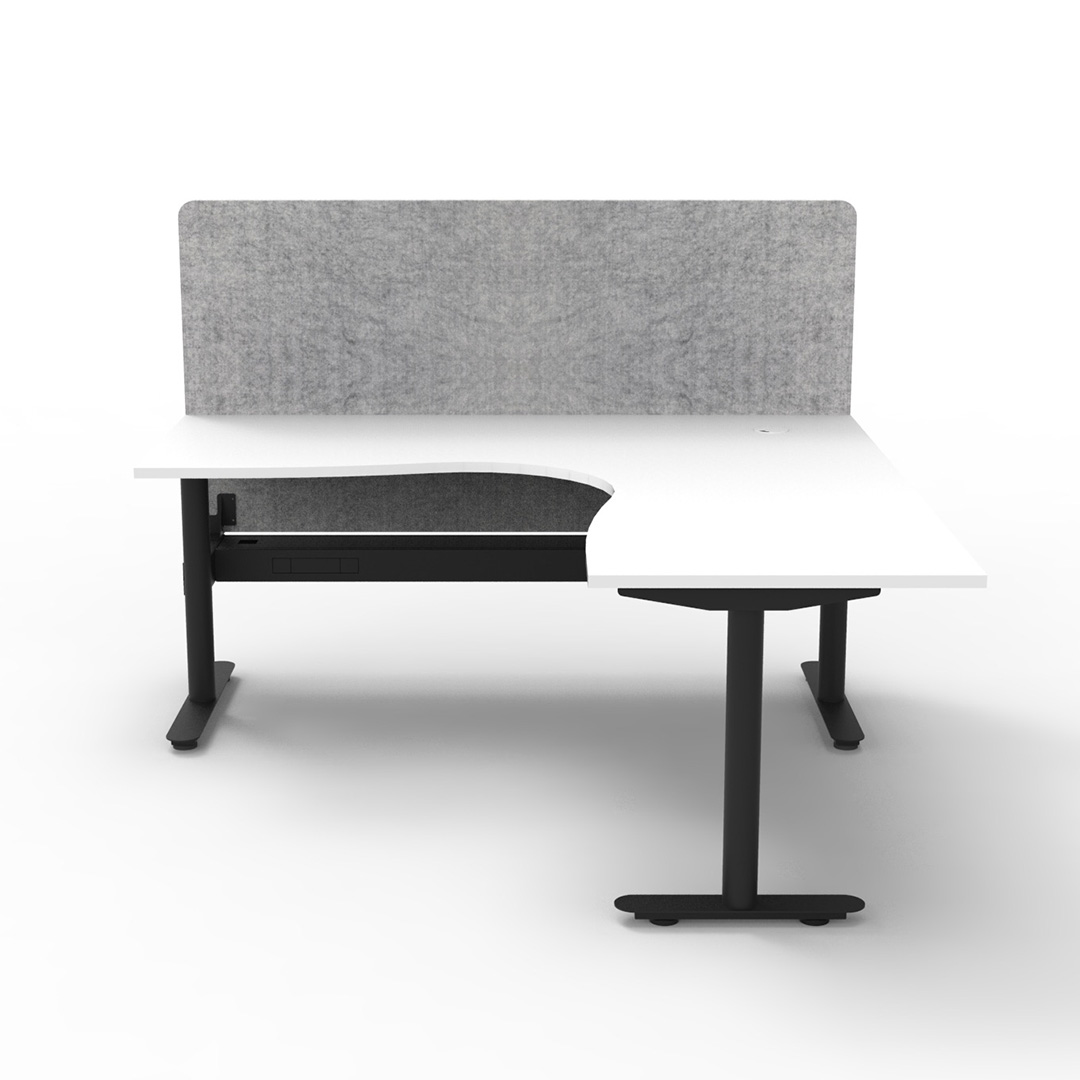 Halo Static Corner Workstation White Top And Black Base With Grey Screen And Cable Tray