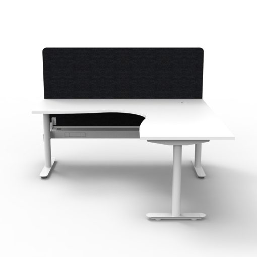 Halo Static Corner Workstation White Top And White Base With Black Screen And Cable Tray