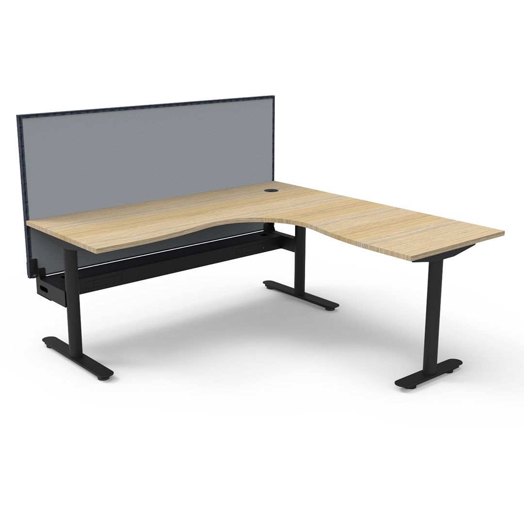 Halo Static Corner Workstation Oak Top And Black Base With Screen And Cable Tray