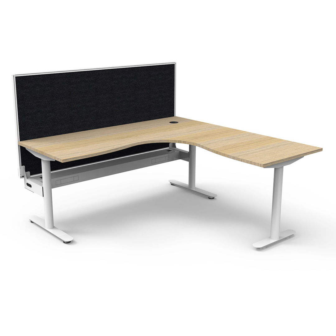 Halo Static Corner Workstation Oak Top And White Base With Screen And Cable Tray