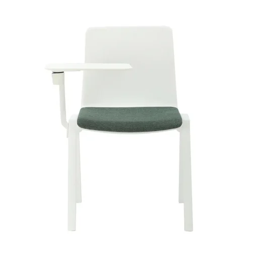Academy stacking chair white seat emerald green seat pad with tablet arm from front