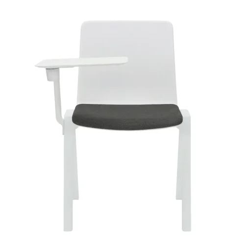 Academy stacking chair white seat black seat pad with tablet arm from front