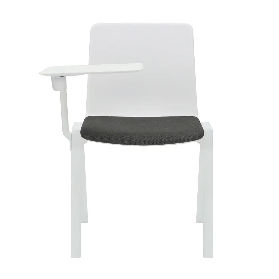 Academy stacking chair white seat black seat pad with tablet arm from front