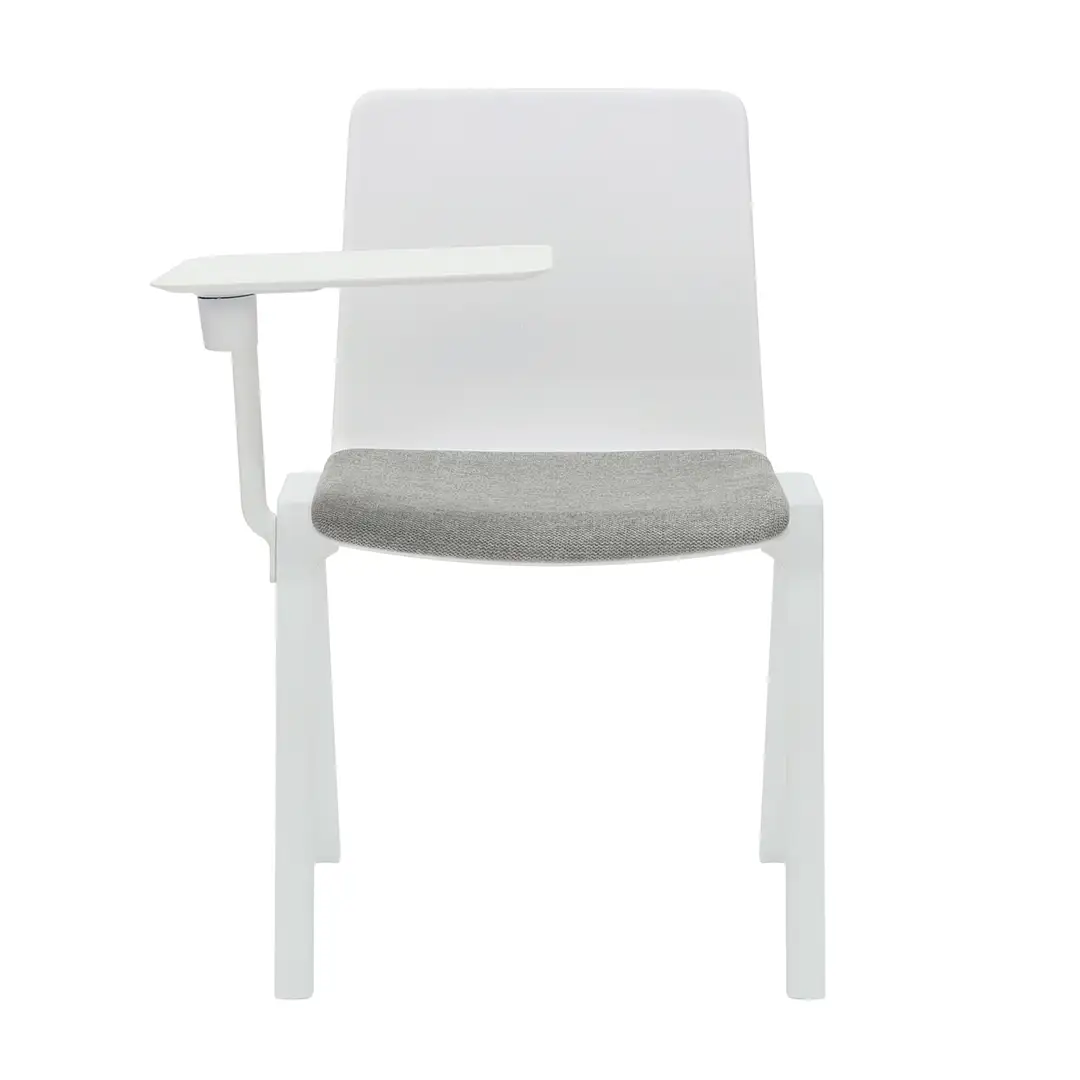 Academy stacking chair white seat light grey seat pad with tablet arm from front