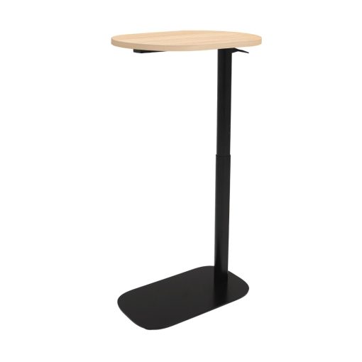 Eos Height Adjustable Side Table oak top and black base angled from front