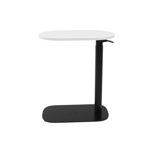 Eos Height Adjustable Side Table white top and black base angled from side