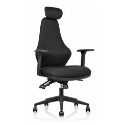 Ergora High Back Posture Chair Black Fabric With Arms Angled To Front From Right Side