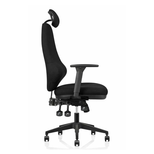 Ergora High Back Posture Chair Black Fabric With Arms Angled To Right Side