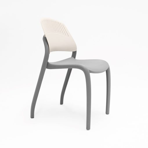 Flexi stacking chair White backrest grey seat from side angled to front