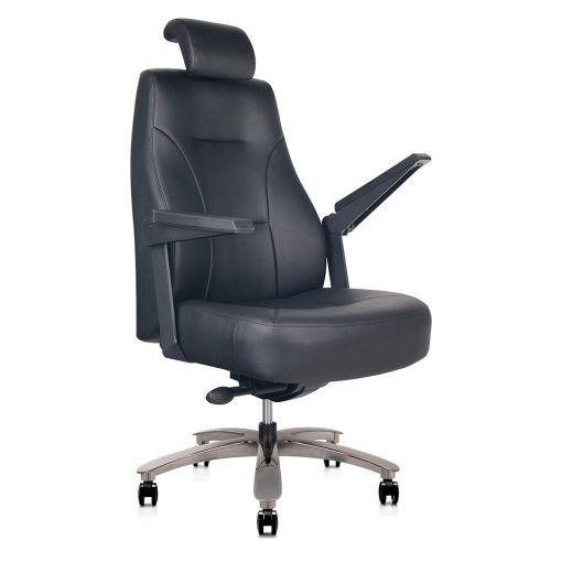 Monarch Controller Chair Black Genuine Leather Angled To Side From Front With One Arm Up