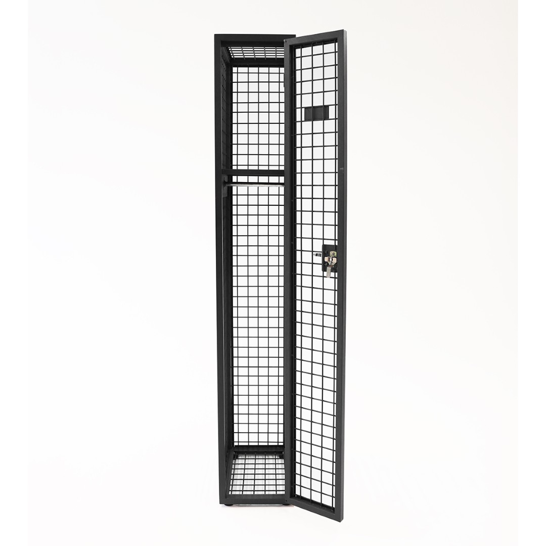 Steel mesh single door locker from front with door open