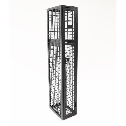 Steel mesh single door locker from front angled to left side