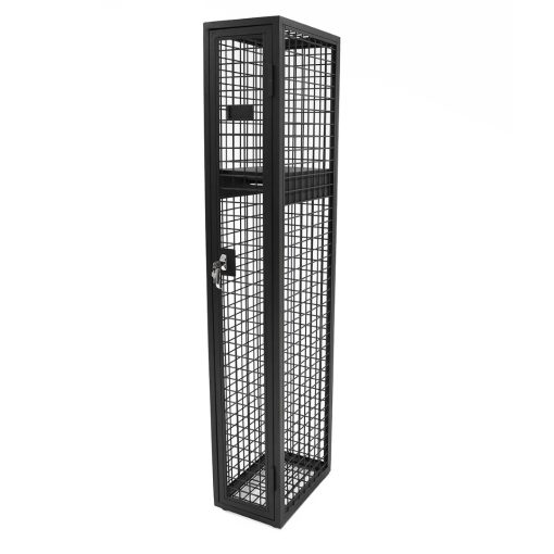 Steel mesh single door locker from front angled to right side