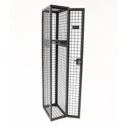 Steel mesh single door locker from front angled to side with door open