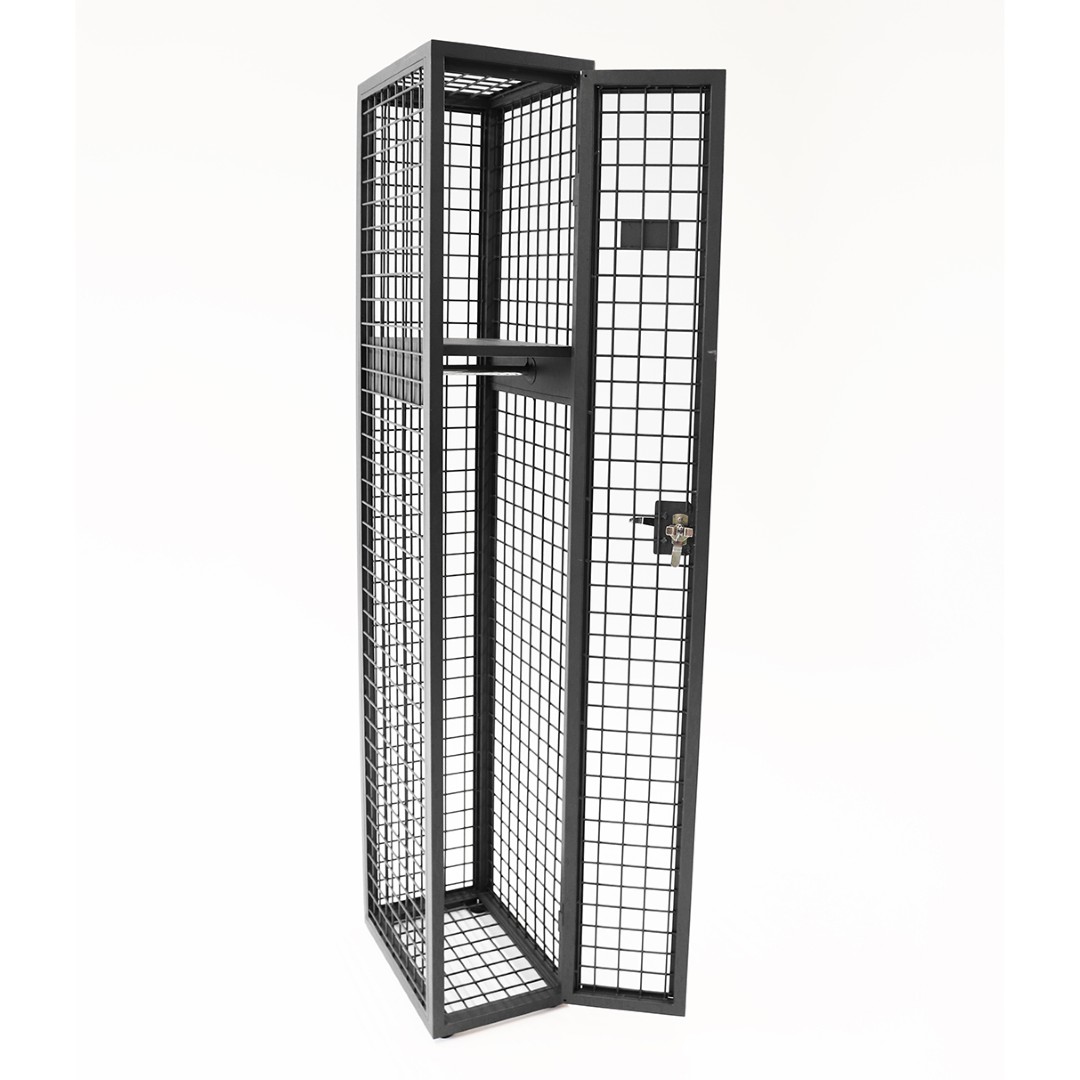 Steel mesh single door locker from front angled to side with door open