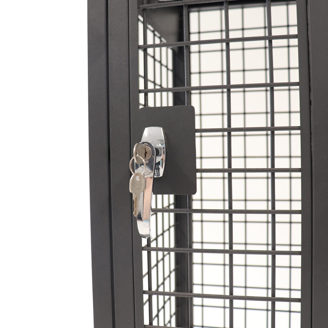 Steel mesh single door locker from front close up of lock