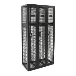 Steel mesh three door locker from front angled to side