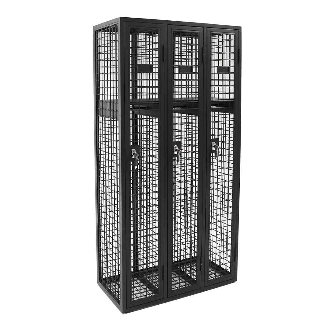 Steel mesh three door locker from front angled to side