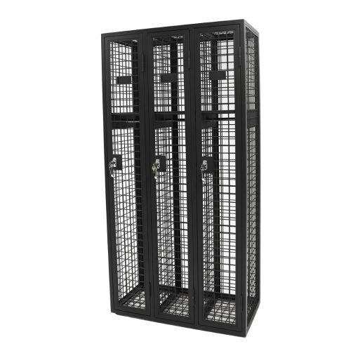 Steel mesh three door locker from front angled to right side