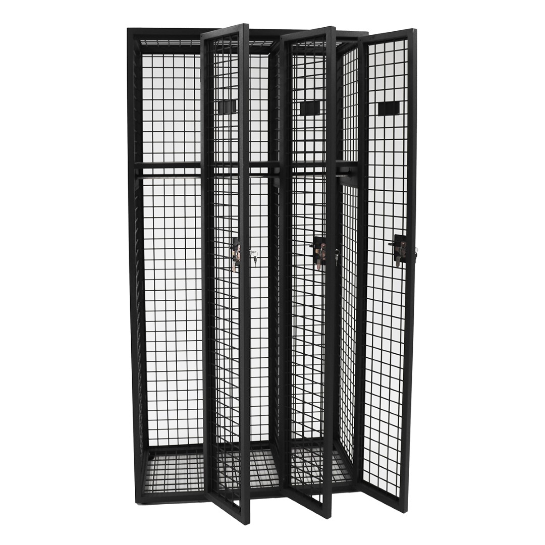 Steel mesh three door locker from front with doors open