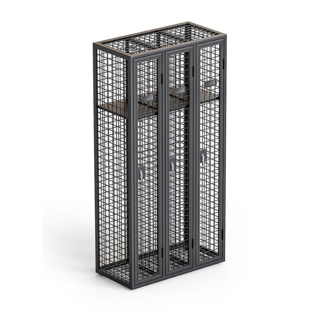 Steel mesh three door locker from front angled to side from above