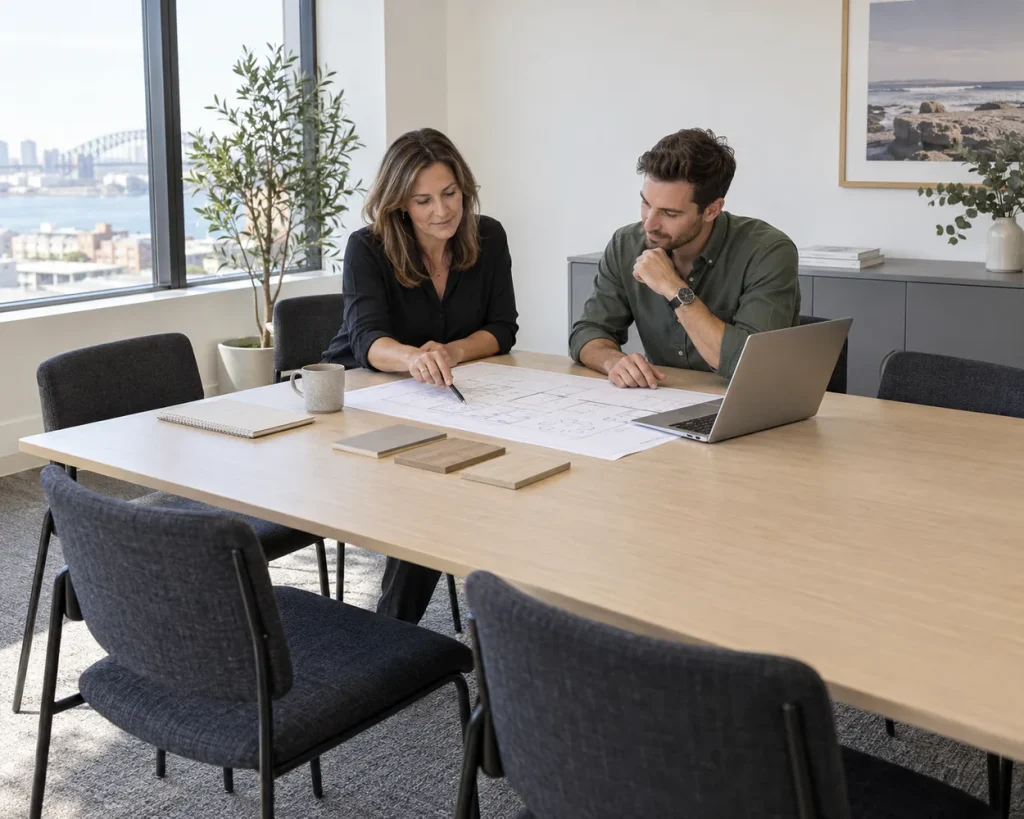 Two colleagues reviewing an office floor plan and timber finish samples at a meeting table.