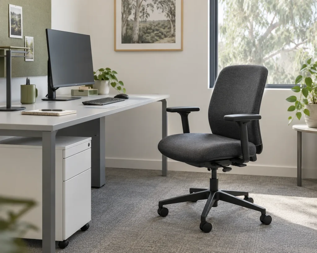 Charcoal fabric task chair beside a light-grey desk in a sunlit office.